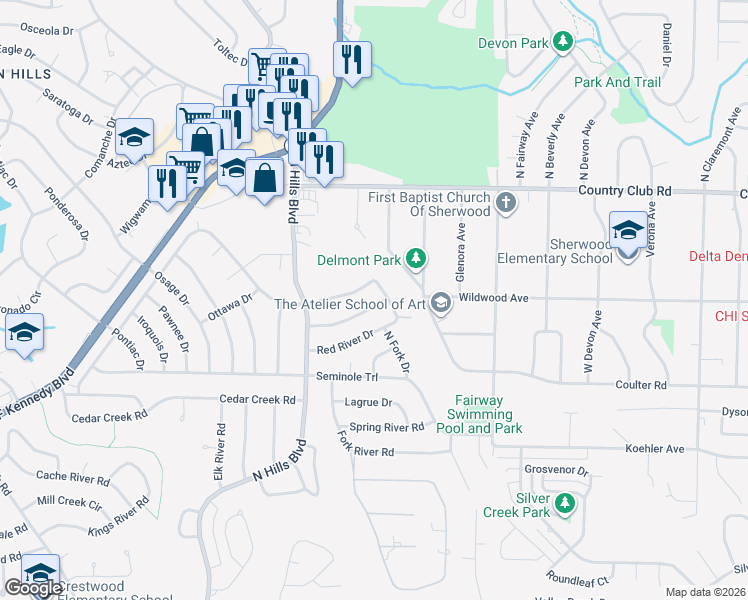 map of restaurants, bars, coffee shops, grocery stores, and more near 304 Strawberry River Road in Sherwood