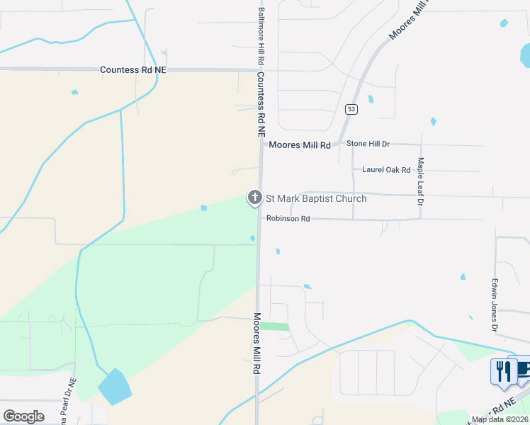 map of restaurants, bars, coffee shops, grocery stores, and more near 121 Robinson Road in Huntsville