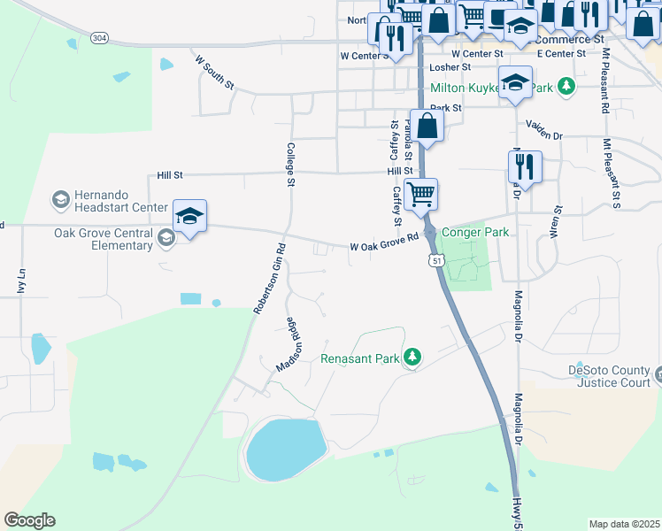 map of restaurants, bars, coffee shops, grocery stores, and more near 530 Walkers Way in Hernando