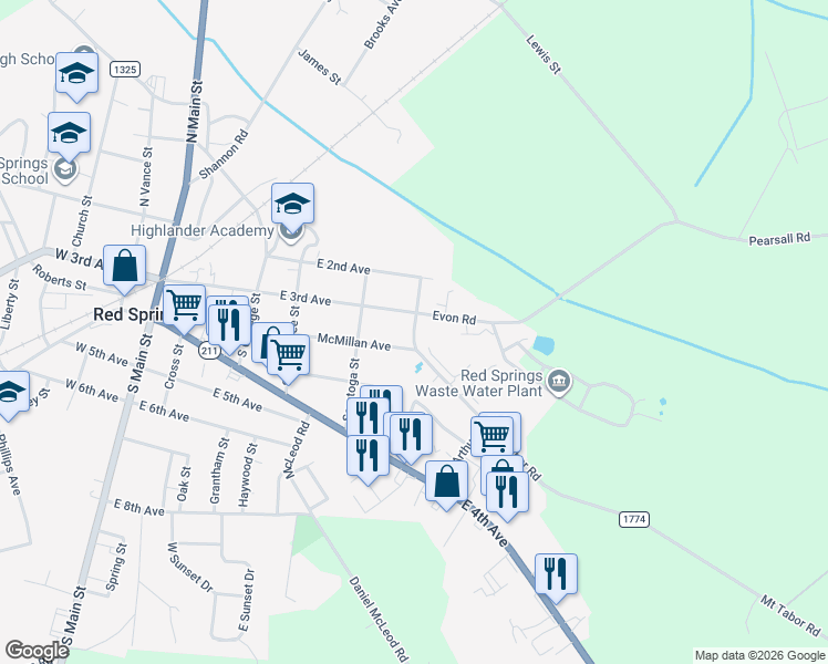 map of restaurants, bars, coffee shops, grocery stores, and more near 512 E 3rd Ave in Red Springs