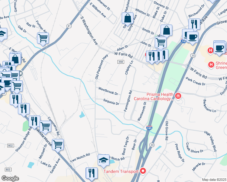 map of restaurants, bars, coffee shops, grocery stores, and more near 14 Westbrook Drive in Greenville