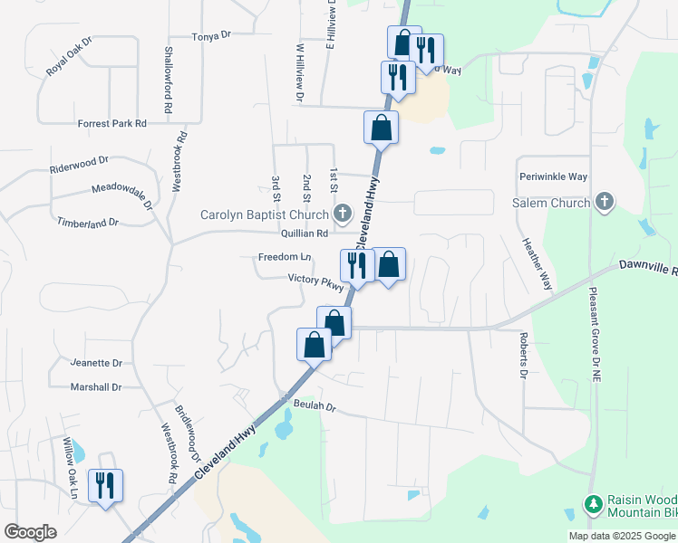 map of restaurants, bars, coffee shops, grocery stores, and more near 3060 Freedom Ln in Dalton