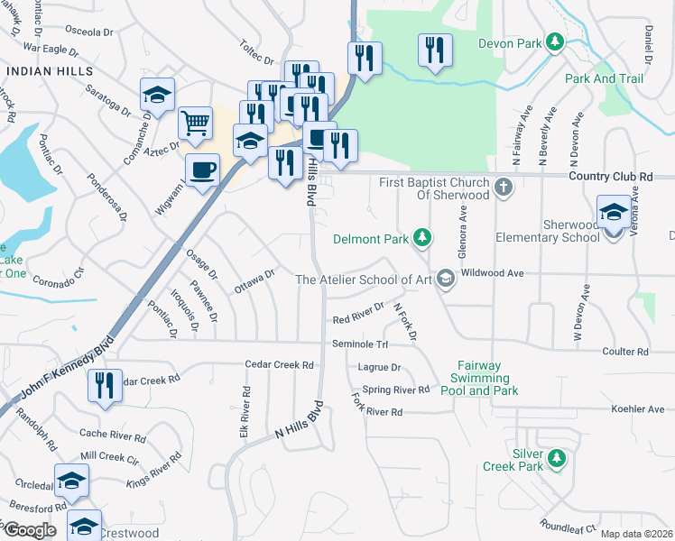 map of restaurants, bars, coffee shops, grocery stores, and more near 314 Red River Drive in Sherwood