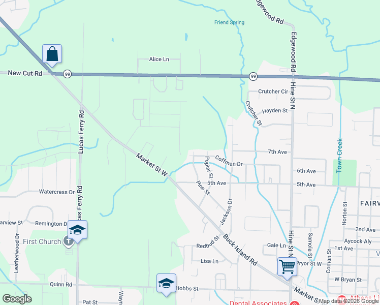 map of restaurants, bars, coffee shops, grocery stores, and more near 1801 Pine Street in Athens