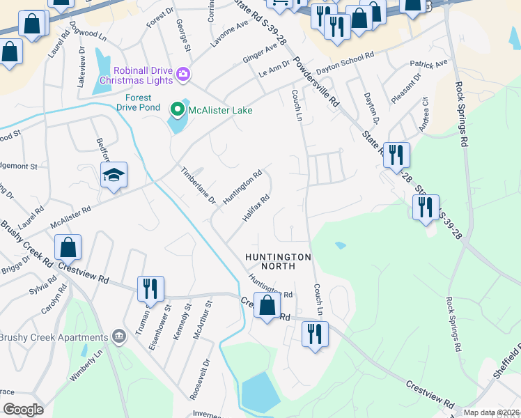 map of restaurants, bars, coffee shops, grocery stores, and more near 111 Halifax Road in Easley