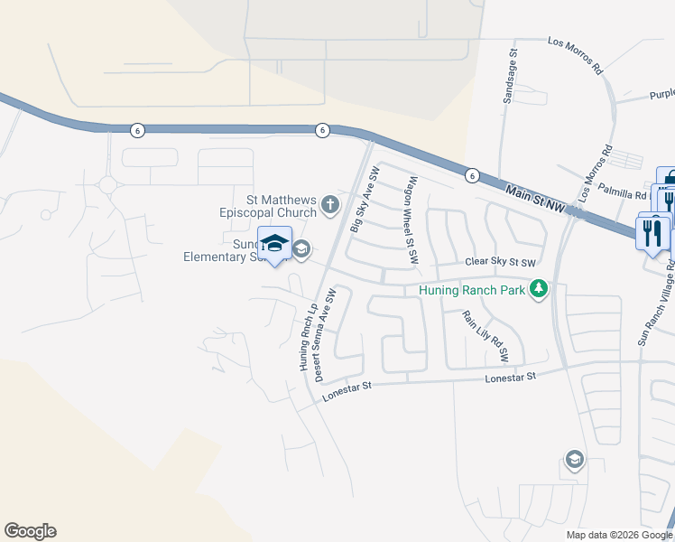 map of restaurants, bars, coffee shops, grocery stores, and more near Sundance Street Southwest in Los Lunas
