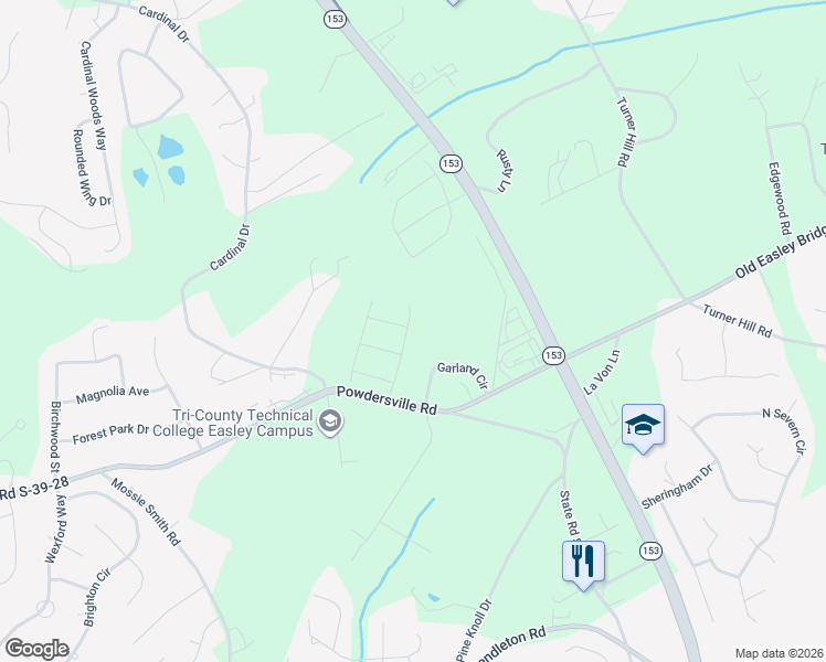 map of restaurants, bars, coffee shops, grocery stores, and more near 117 Garland Circle in Easley
