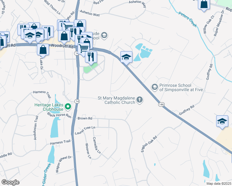 map of restaurants, bars, coffee shops, grocery stores, and more near 405 Litchfield Trail in Simpsonville