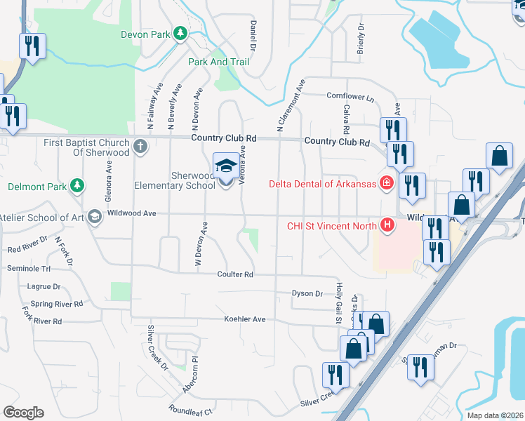map of restaurants, bars, coffee shops, grocery stores, and more near 1010 Wildwood Avenue in Sherwood