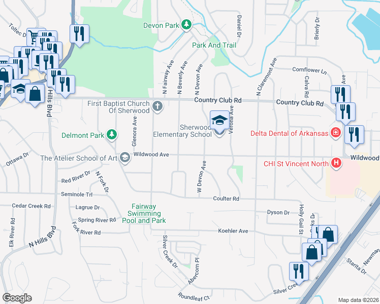 map of restaurants, bars, coffee shops, grocery stores, and more near 808 Wildwood Avenue in Sherwood