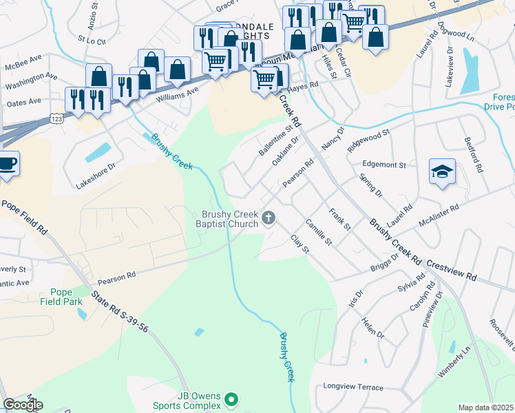 map of restaurants, bars, coffee shops, grocery stores, and more near 460 Pearson Road in Easley