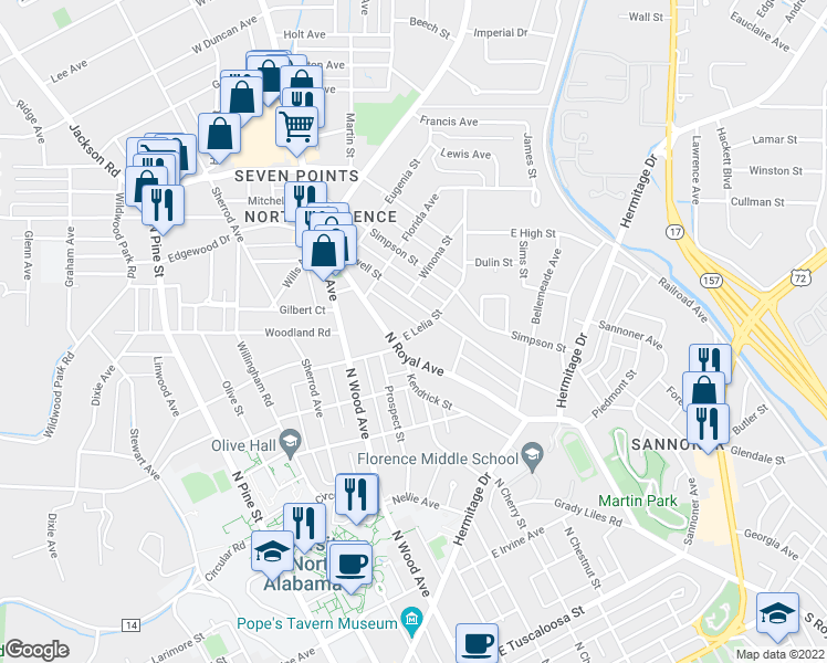 map of restaurants, bars, coffee shops, grocery stores, and more near 225 East Lelia Street in Florence