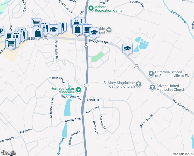 map of restaurants, bars, coffee shops, grocery stores, and more near 104 Heritage Lane in Simpsonville