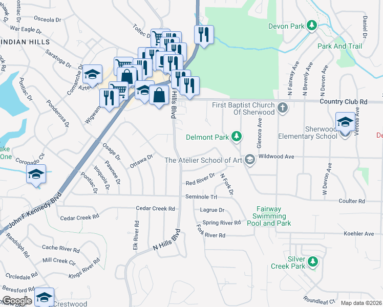 map of restaurants, bars, coffee shops, grocery stores, and more near 314 Red River Drive in Sherwood