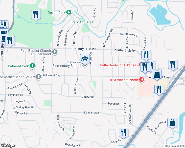 map of restaurants, bars, coffee shops, grocery stores, and more near 1010 Wildwood Avenue in Sherwood