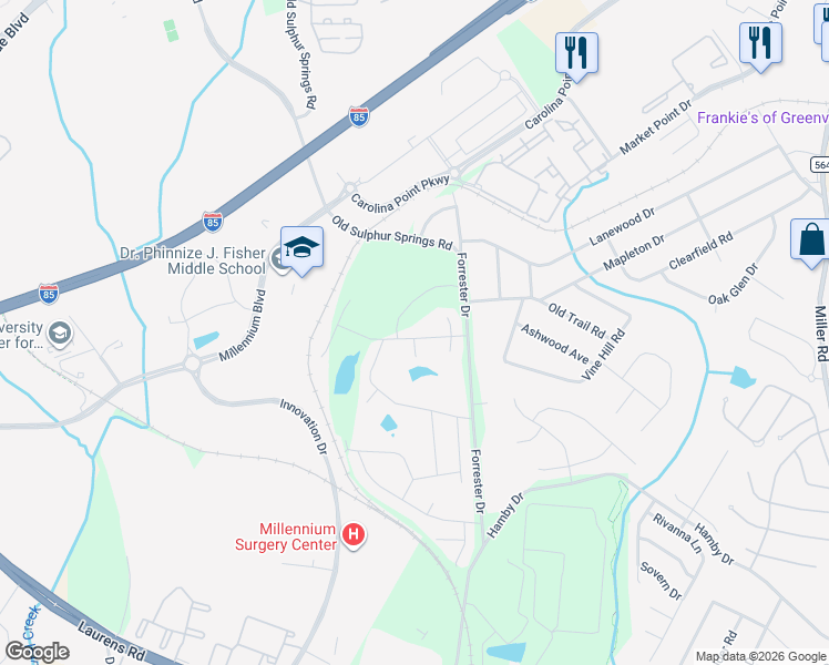 map of restaurants, bars, coffee shops, grocery stores, and more near 409 Forrester Drive in Greenville