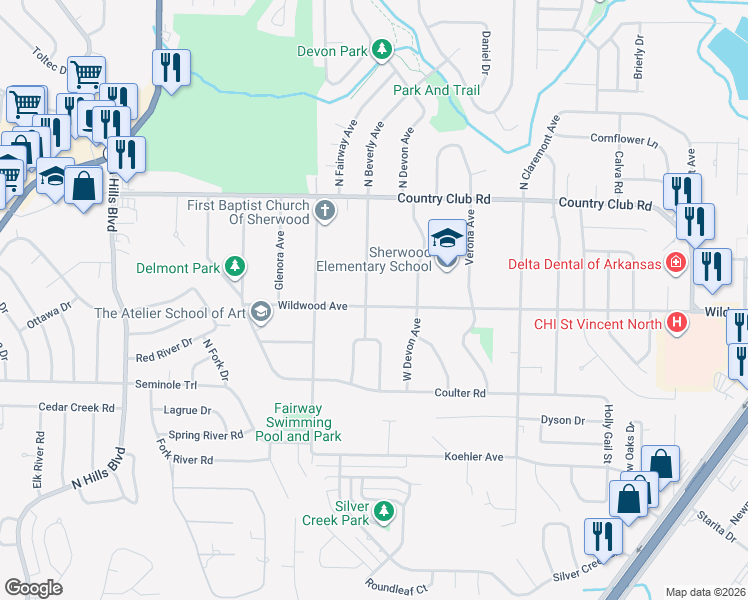 map of restaurants, bars, coffee shops, grocery stores, and more near 808 Wildwood Avenue in Sherwood