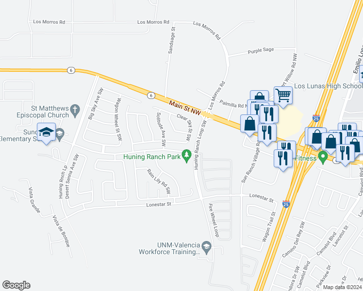 map of restaurants, bars, coffee shops, grocery stores, and more near 2941 Clear Sky Street Southwest in Los Lunas