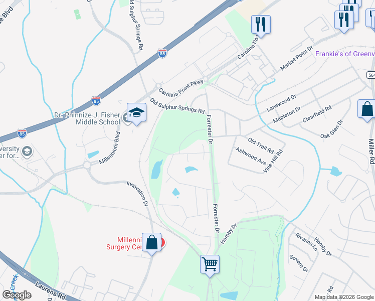 map of restaurants, bars, coffee shops, grocery stores, and more near 409 Forrester Drive in Greenville
