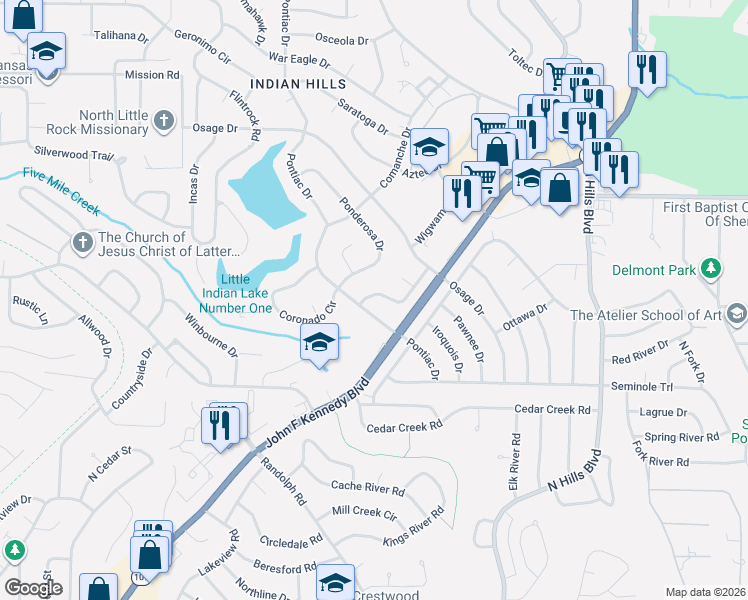 map of restaurants, bars, coffee shops, grocery stores, and more near 6504 Corsica Drive in North Little Rock