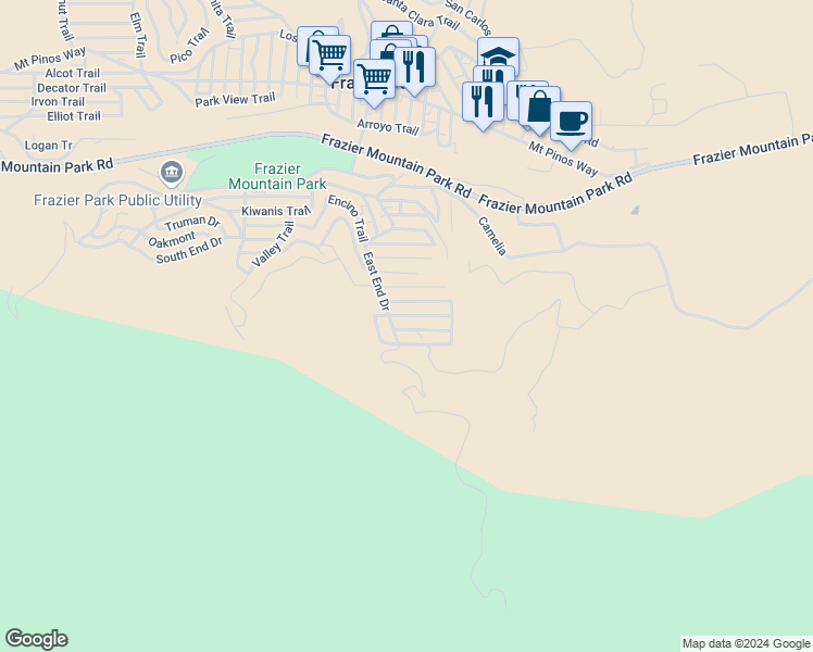map of restaurants, bars, coffee shops, grocery stores, and more near 3505 California Trail in Frazier Park