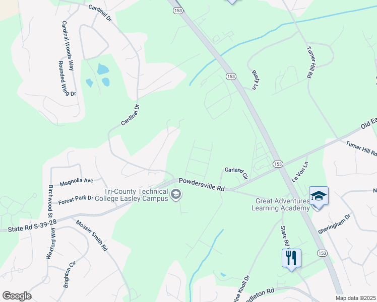 map of restaurants, bars, coffee shops, grocery stores, and more near 118 Landis Road in Easley