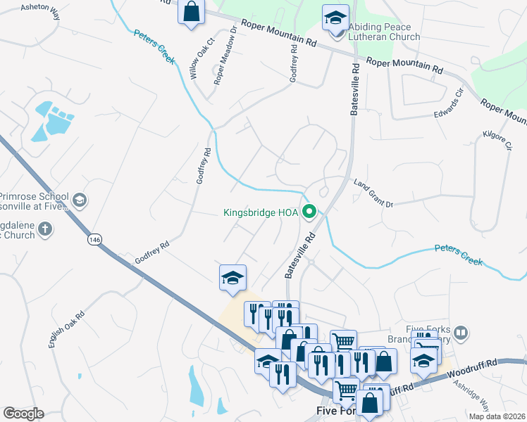 map of restaurants, bars, coffee shops, grocery stores, and more near 102 Powers Garden Road in Simpsonville
