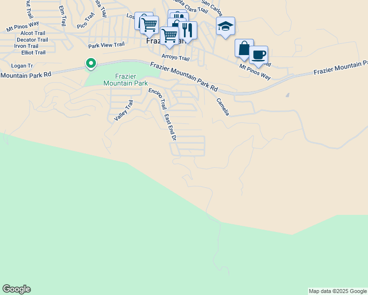 map of restaurants, bars, coffee shops, grocery stores, and more near 3505 California Trail in Frazier Park