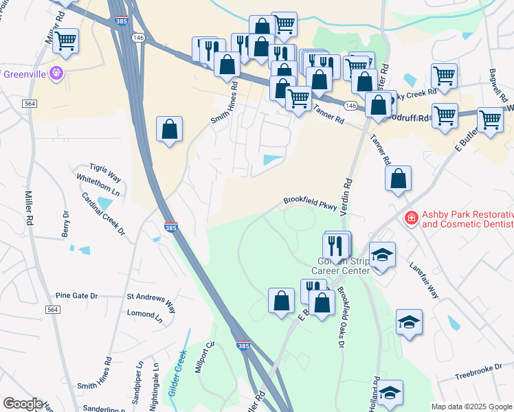 map of restaurants, bars, coffee shops, grocery stores, and more near 651 Brookfield Parkway in Greenville