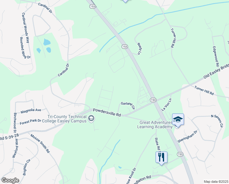 map of restaurants, bars, coffee shops, grocery stores, and more near 117 Garland Circle in Easley
