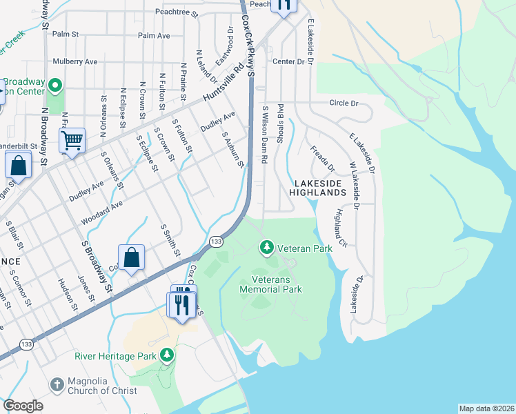 map of restaurants, bars, coffee shops, grocery stores, and more near 451-499 South Wilson Dam Road in Florence