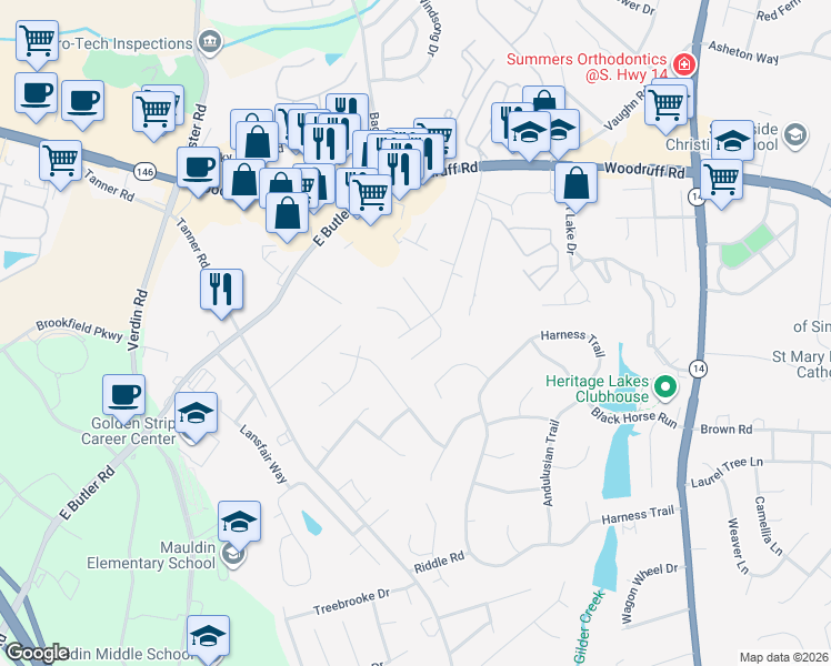 map of restaurants, bars, coffee shops, grocery stores, and more near 301 Saint Helena Court in Greenville