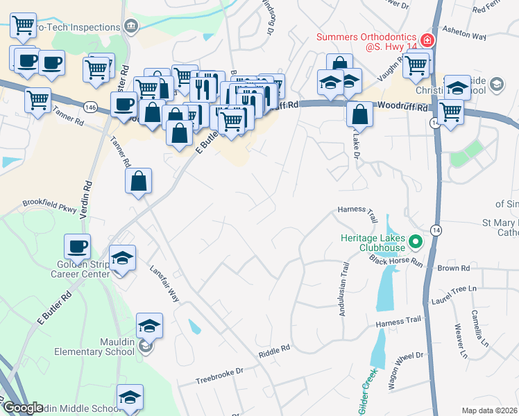 map of restaurants, bars, coffee shops, grocery stores, and more near 301 Saint Helena Court in Greenville