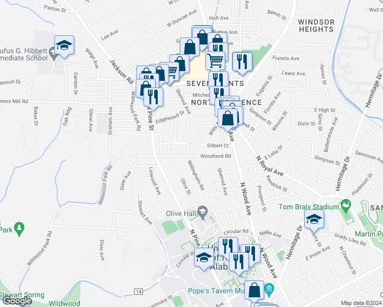 map of restaurants, bars, coffee shops, grocery stores, and more near 1051 Willingham Road in Florence