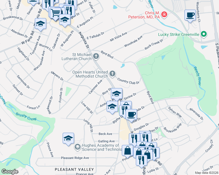 map of restaurants, bars, coffee shops, grocery stores, and more near 2718 Augusta Street in Greenville