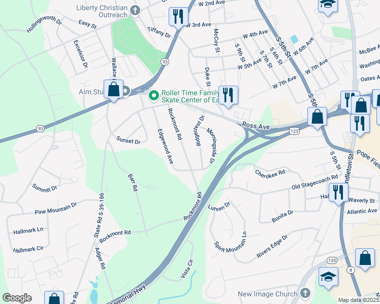map of restaurants, bars, coffee shops, grocery stores, and more near 123 Rockmont Road in Easley