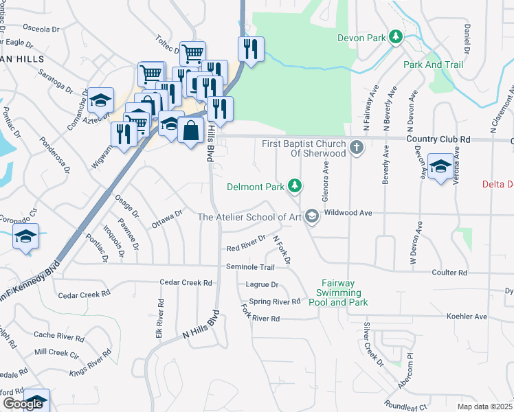 map of restaurants, bars, coffee shops, grocery stores, and more near 304 Strawberry River Road in Sherwood