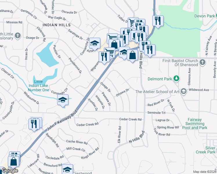 map of restaurants, bars, coffee shops, grocery stores, and more near 6504 Osage Drive in North Little Rock