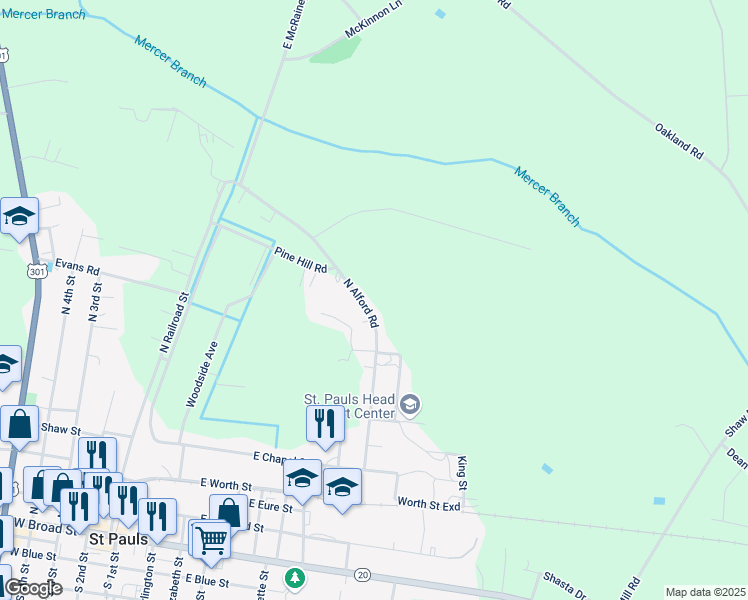 map of restaurants, bars, coffee shops, grocery stores, and more near 754 North Alford Road in St. Pauls