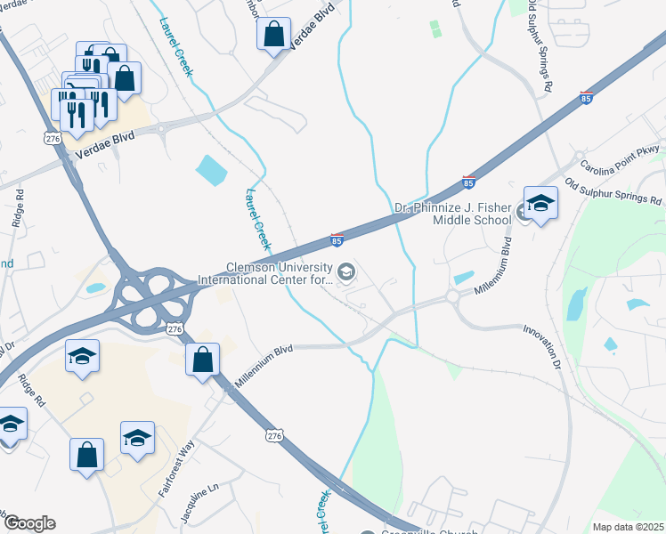 map of restaurants, bars, coffee shops, grocery stores, and more near 5 Research Drive in Greenville
