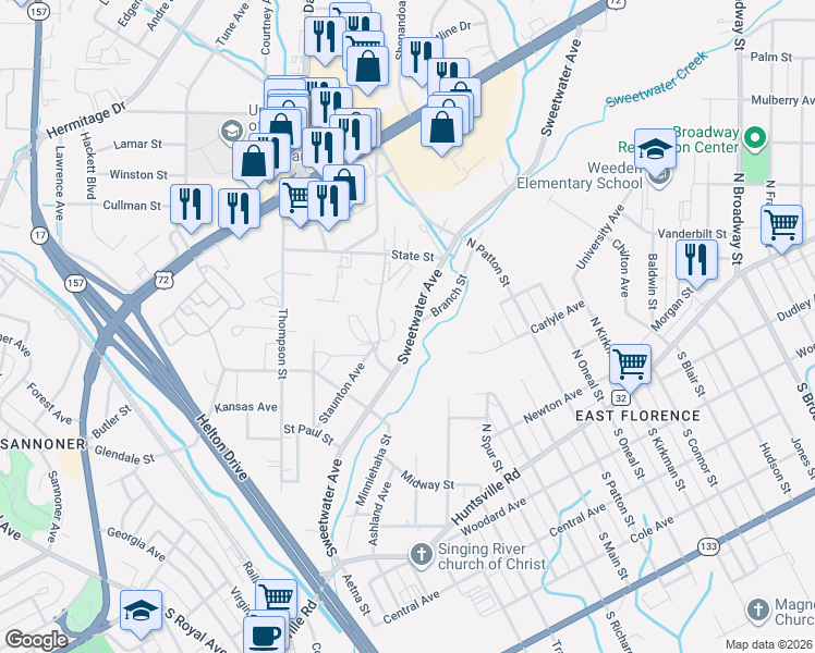 map of restaurants, bars, coffee shops, grocery stores, and more near 633 Sweetwater Avenue in Florence