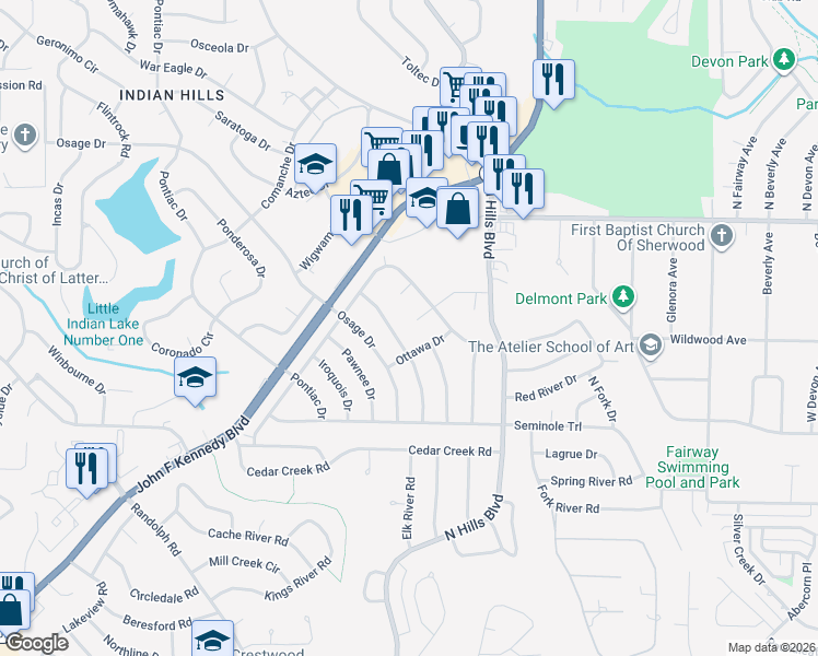 map of restaurants, bars, coffee shops, grocery stores, and more near 16 Sallisaw Circle in North Little Rock