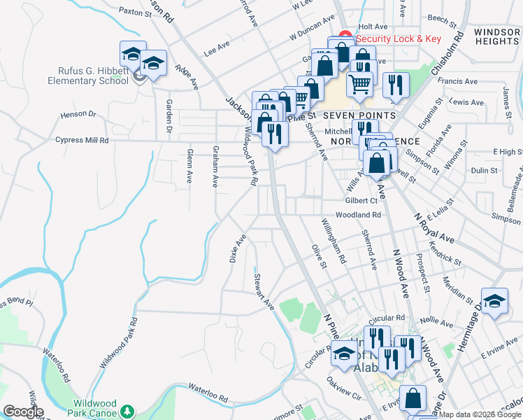 map of restaurants, bars, coffee shops, grocery stores, and more near 1105 North Pine Street in Florence