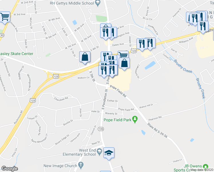 map of restaurants, bars, coffee shops, grocery stores, and more near 766 South Pendleton Street in Easley