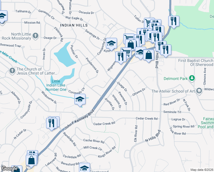 map of restaurants, bars, coffee shops, grocery stores, and more near 6530 Corsica Drive in North Little Rock