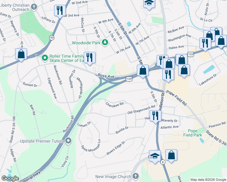 map of restaurants, bars, coffee shops, grocery stores, and more near 180 Highland Park Court in Easley