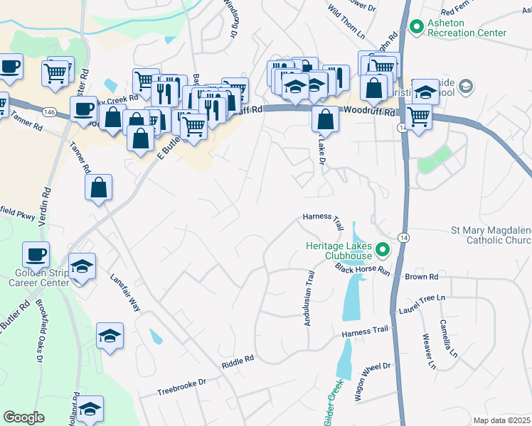 map of restaurants, bars, coffee shops, grocery stores, and more near 35 Southpointe Drive in Greenville