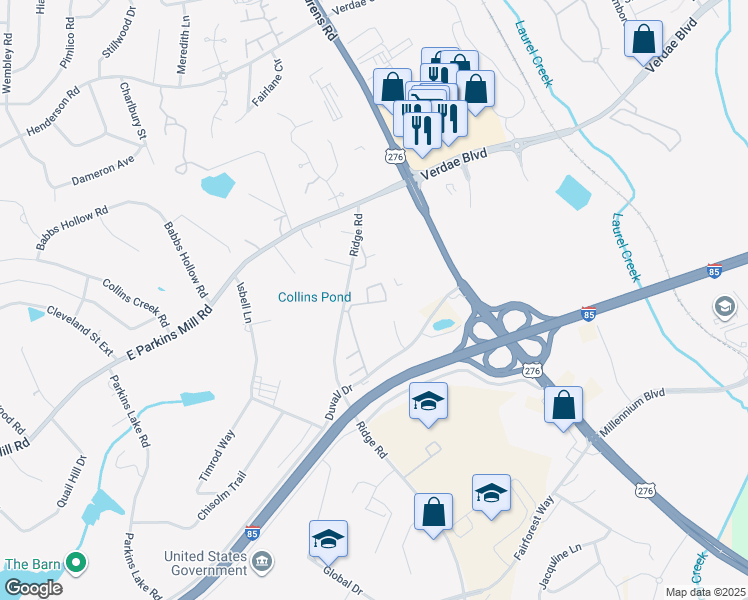 map of restaurants, bars, coffee shops, grocery stores, and more near 155 Ridge Road in Greenville