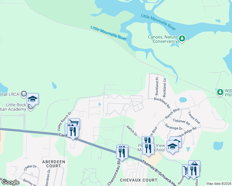 map of restaurants, bars, coffee shops, grocery stores, and more near 30 Ayla Drive in Little Rock