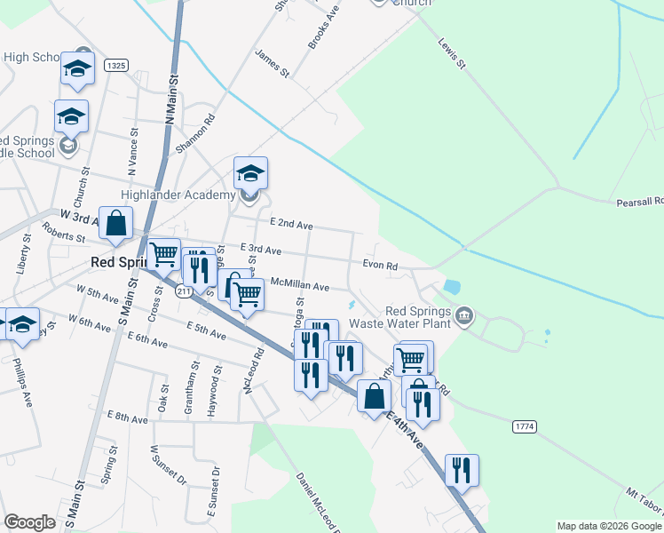 map of restaurants, bars, coffee shops, grocery stores, and more near 512 East 3rd Avenue in Red Springs